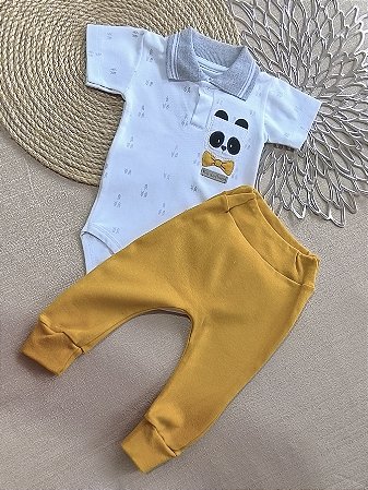 Conjunto Bebê Bichinhos Amigos: Body Gola Polo e Calça Mijão