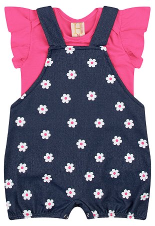 Conjunto Menina: Jardineira Jeans e Camiseta