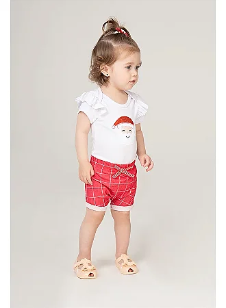 Conjunto Bebê Menina: Body de Papai Noel e Shorts Xadrez