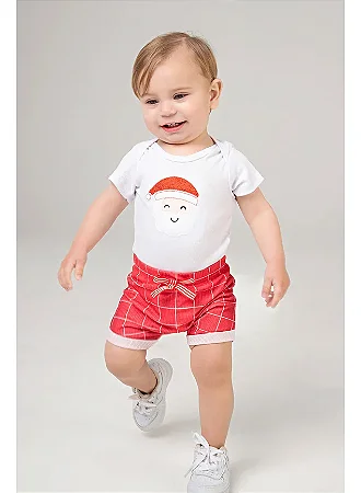 Conjunto Bebê Menino Body de Papai Noel e Shorts Xadrez
