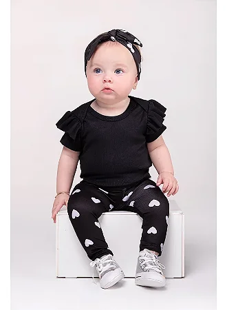 Conjunto Bebê Menina: Body de Ribana e Calça Suede Estampada com Faixa
