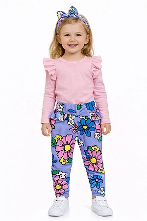 Conjunto 3 Peças Bebê Frufru: Body, Calça e Laço