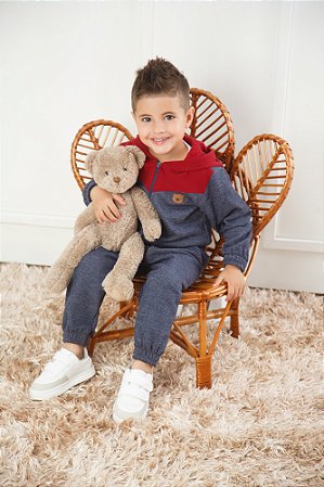 Conjunto Infantil Menino Jaqueta Jeans Felpado com Capuz e Calça Jogger