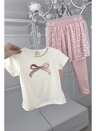 Conjunto Infantil Rosa: Blusa Laço e Legging Tule Corações