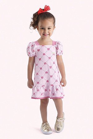Vestido Bebê Quadriculado: Estampa de Coração e Manga Balonê