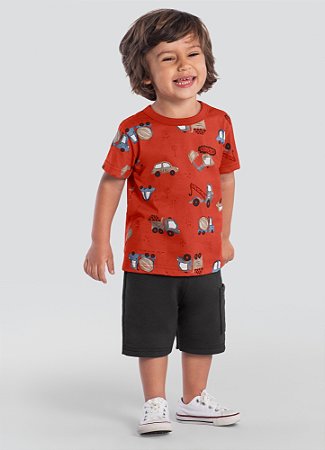 Conjunto Menino: Camiseta e Bermuda de Caminhões de Obra