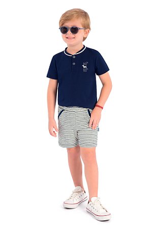 Conjunto Menino: Camiseta com Gola Portuguesa e Bermuda Listrada