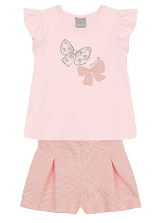 Conjunto Menina Laço: Blusa e Bermuda Xadrez