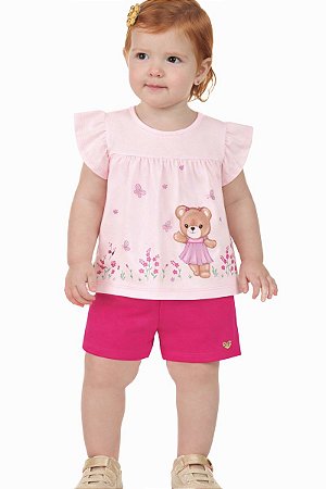 Conjunto Menina: Blusa Bata com Glitter e Shorts