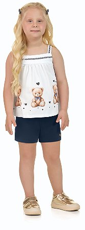 Conjunto Menina Urso: Blusa Bata e Shorts