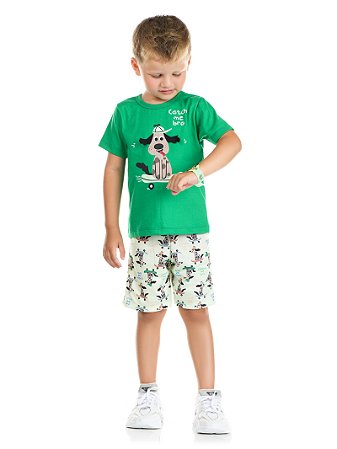 Conjunto Infantil Menino: Camiseta Meia Malha e Bermuda Moletinho + Relógio de Brinde