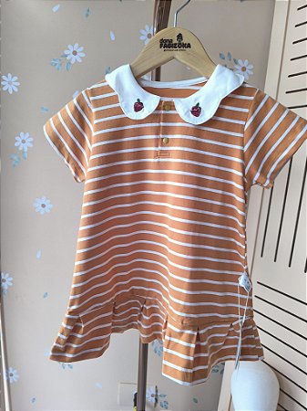 Vestido Bebê Menina Trapézio Listrado com Gola Bordada