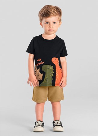 Conjunto Infantil Menino: Camiseta Dinossauro Puff e Bermuda Moletinho Lisa