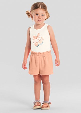 Conjunto Infantil Menina: Blusa Regata Cereja Brilhante e Shorts Suedine
