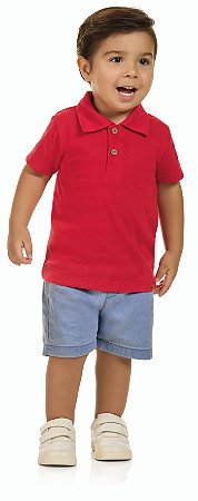 Conjunto Infantil Menino: Camisa Polo Jacquard Listrada e Bermuda Jeans com Elastano