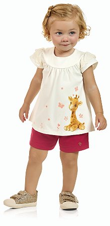Conjunto Infantil Menina: Bata Cotton Manga Tule Bordado e Shorts Moletom Touch