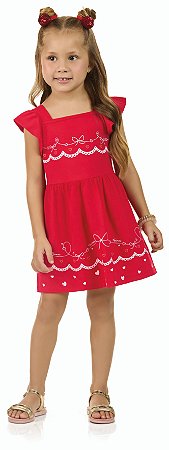 Vestido Infantil Meia Malha Penteada - Alças Babado e Estampa Laços e Corações