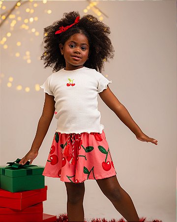 Conjunto Infantil Menina: Blusa Baby Look Lettuce Hem e Shorts Saia Godê Frutinhas