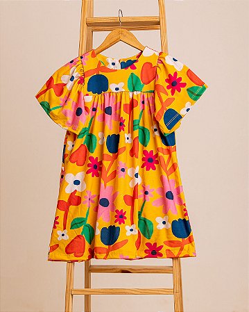 Vestido Infantil Evasê com Manga Bufante - Estampa Floral Colorida