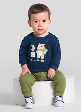 Conjunto Bebê Masculino Brandili Baby em Moletom Peluciado com Estampa de Ursinho