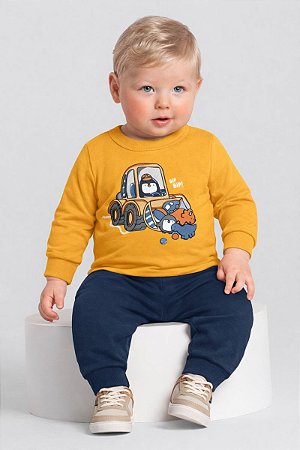 Conjunto Bebê Masculino Brandili Baby em Moletom com Estampa de Pinguim em Puff