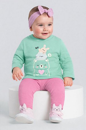 Conjunto Bebê Feminino Brandili Baby em Moletom Peluciado com Estampa de Ursinho
