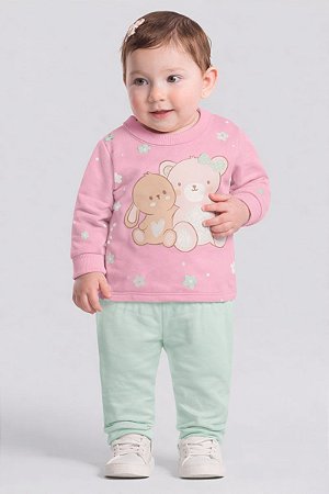 Conjunto Bebê Feminino Brandili Baby em Moletom com Estampa de Ursinho com Glitter
