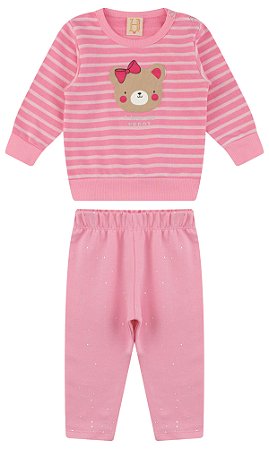 Conjunto Infantil Moletom Listrado com Urso e Legging Molecotton Glitter
