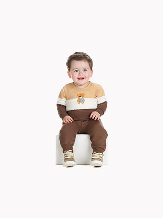 Conjunto Bebê Menino Moletom Listrado com Urso e Calça Moletom