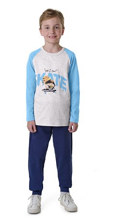 Camiseta Infantil Manga Longa Raglan Yes I Do Skate com Urso Skatista