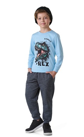 Camiseta Infantil Meia Malha Manga Longa Dinossauro 100% Algodão