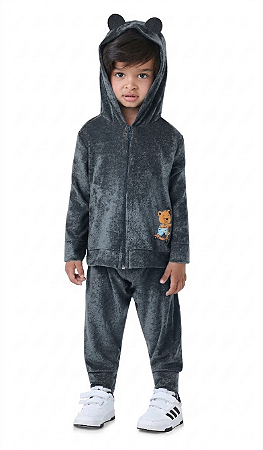 Conjunto Plush Infantil Menino com Jaqueta de Capuz e Bordado Urso