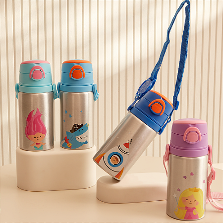 Garrafa Térmica Infantil em Aço Inox com Alça e Canudo - Coleção Personagens 400ml