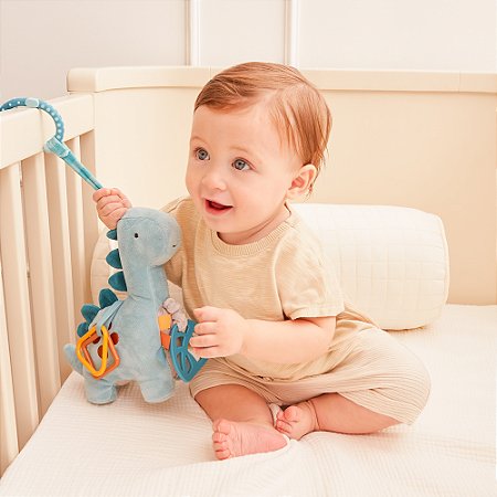 Brinquedo de Pelúcia Musical Dinossauro Azul com Mordedor e Texturas - 29cm