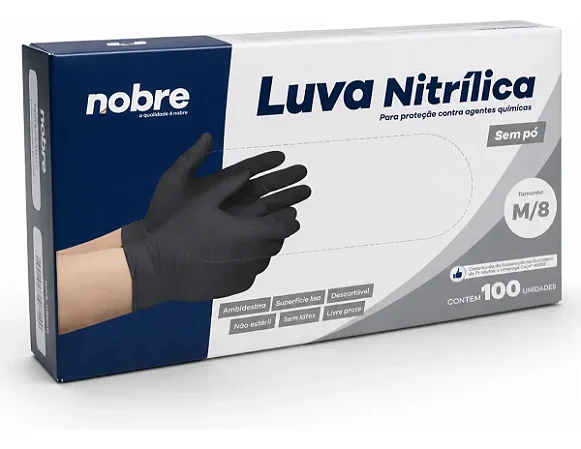 Luva Nitrílica Preta Sem Pó Nobre Tamanho M Caixa Com 100un