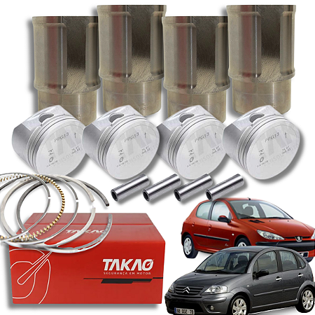 Kit Motor Peugeot / Citroen 1.4 8v Gasolina/Flex Completo Pistão, Pino, Camisa, Anel Takao