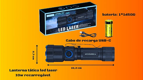 Lanterna Tática Ecooda EDC LED Laser – Recarregável, Ímã, Clip e Foco