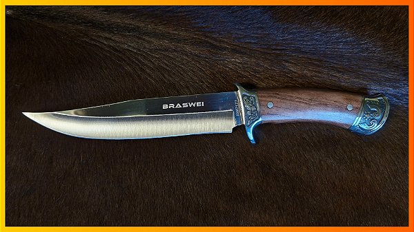 Faca Churrasco Tática 12” Inox com Cabo de Madeira e Bainha – Ideal para Camping, Pesca e Caça