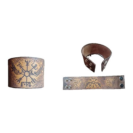 Pulseira de Couro com Pirografia Artesanal Viking Storm