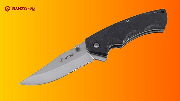 Canivete Ganzo G617 Preto Lâmina 440A Semi Serrilhada