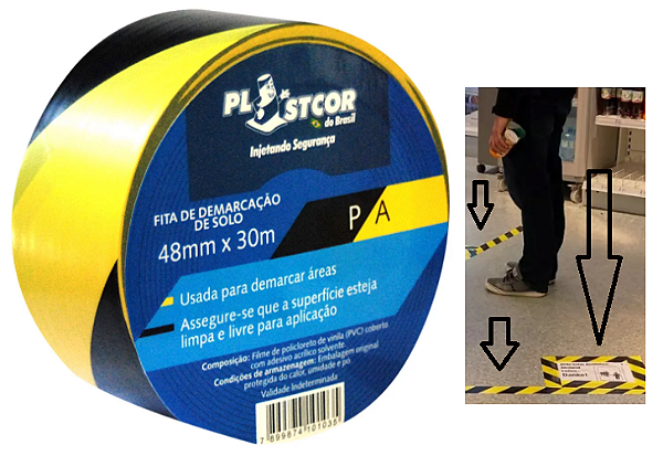 FITA DE DEMARCAÇÃO DE SOLO (AMARELA / PRETA) - 48MM X 30M - MARCA PLASTCOR - COD 700.01516