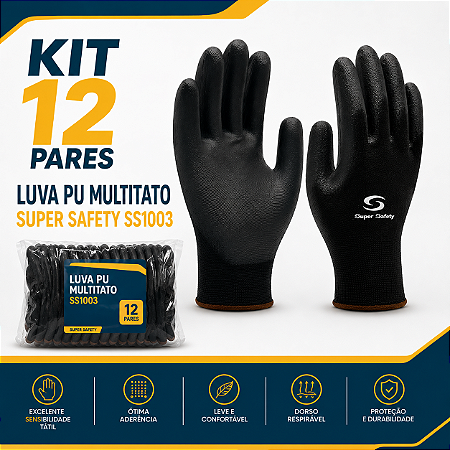 KIT 12 PARES DA LUVA MULTITATO PU - REF SS 1003 - MARCA SUPER SAFETY