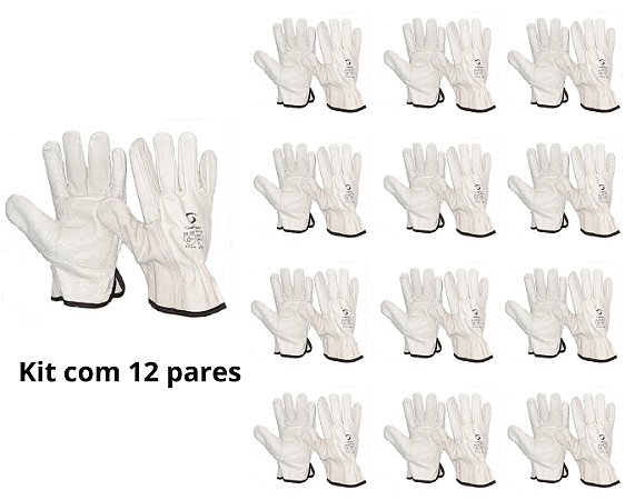 KIT 12 PARES - LUVA COURO VAQUETA - PUNHO 7 CM - MARCA SUPER SAFETY - REF SS Vac - G/10