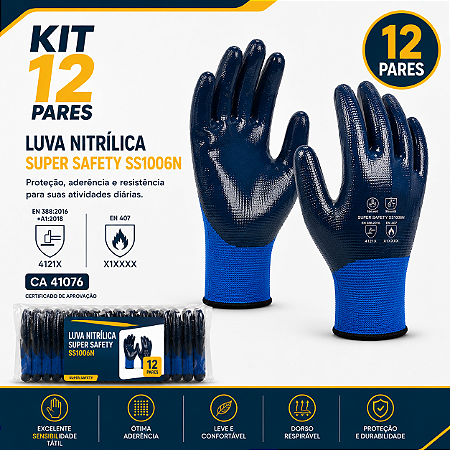 KIT 12 PARES Luva Nitrílica Super Safety SS1006N CA 41076 Grip Nitrílico