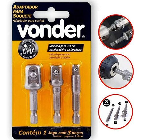 Kit Adaptador para Soquetes com 3 Peças 1/4, 3/8 e 1/2 - Vonder