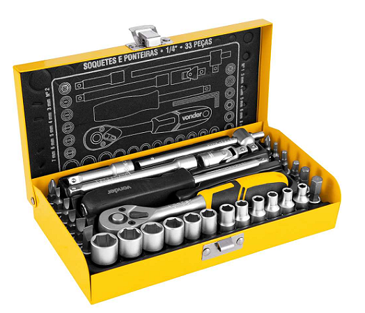 Kit soquetes e ponteiras encaixe 1/4" 4 a 13 mm com 33 peças Vonder