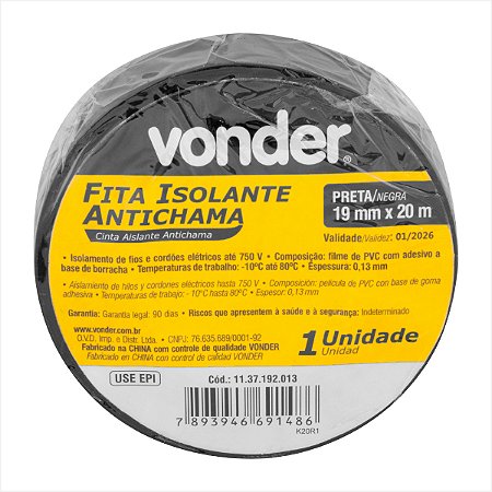 Fita isolante 19 mm x 20 m preta - Vonder