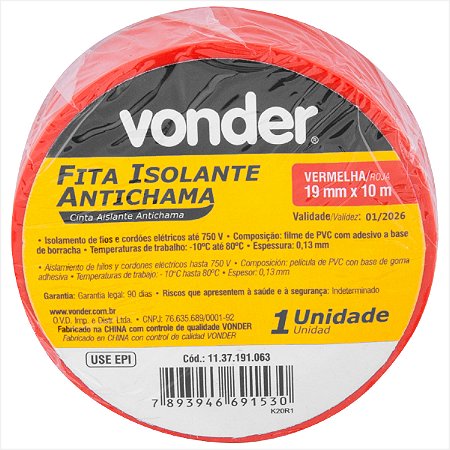 Fita isolante 19 mm x 10 m vermelha - Vonder
