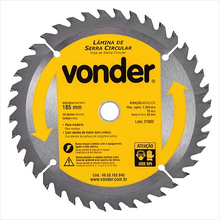 Lâmina serra circular com 40 dentes de metal duro/vídea 185 mm x 20 mm Vonder