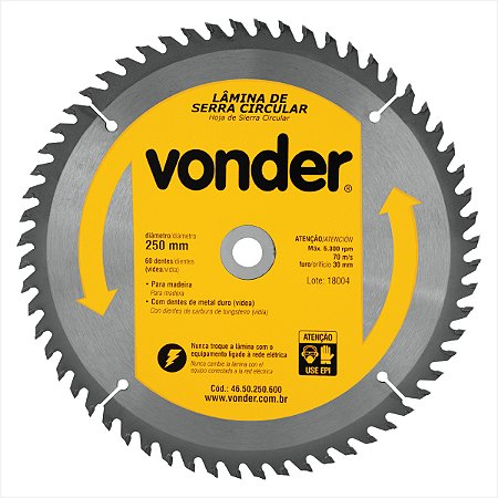 Lâmina serra circular com 60 dentes de metal duro/vídea 250 x 30 mm Vonder